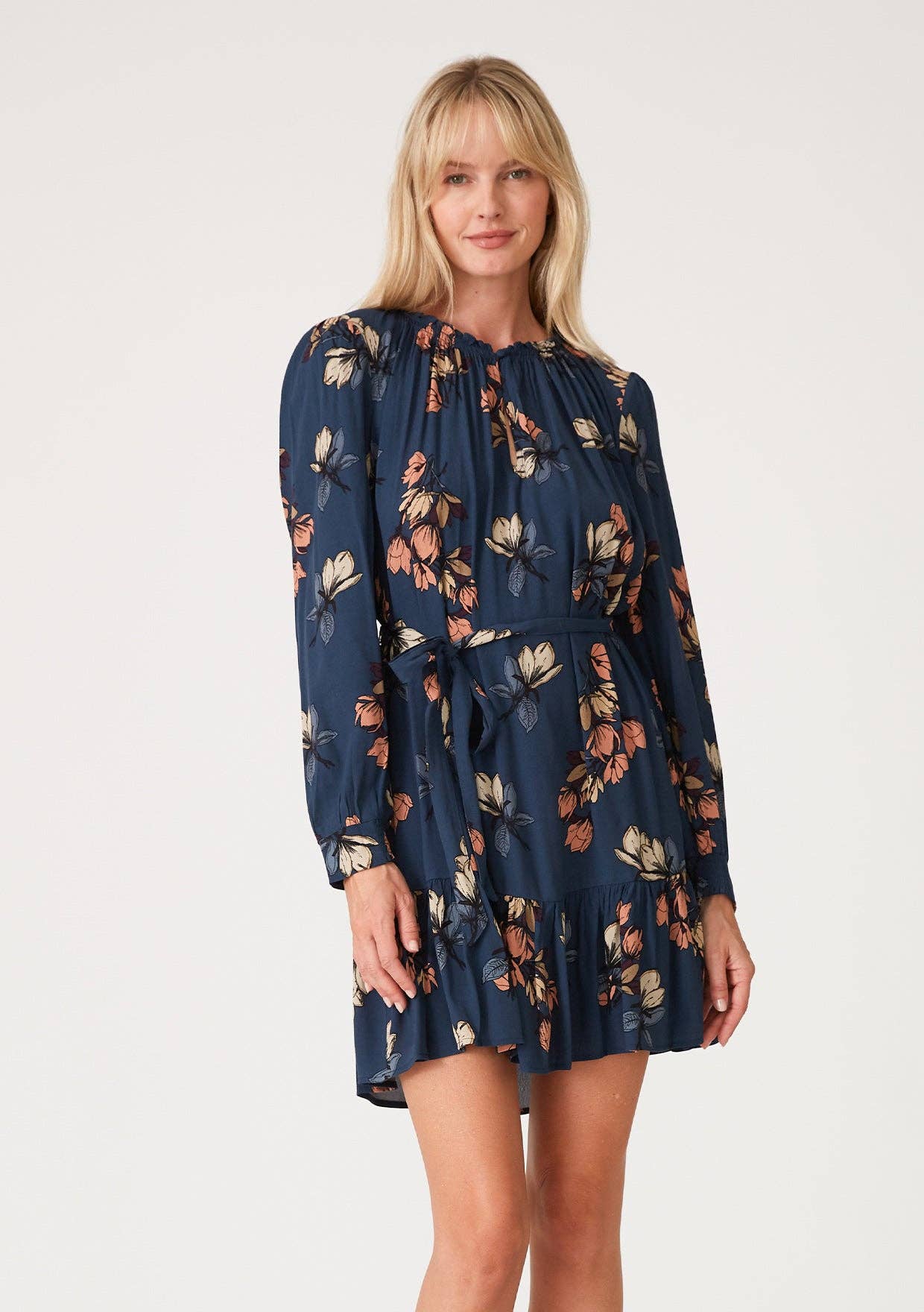 Floral Long Sleeve Belted Mini Dress