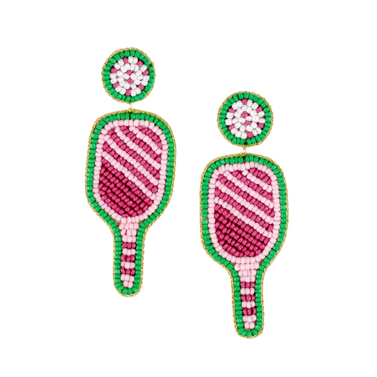 Pickleball Paddle Beaded Earrings Pink/Green 2.5"