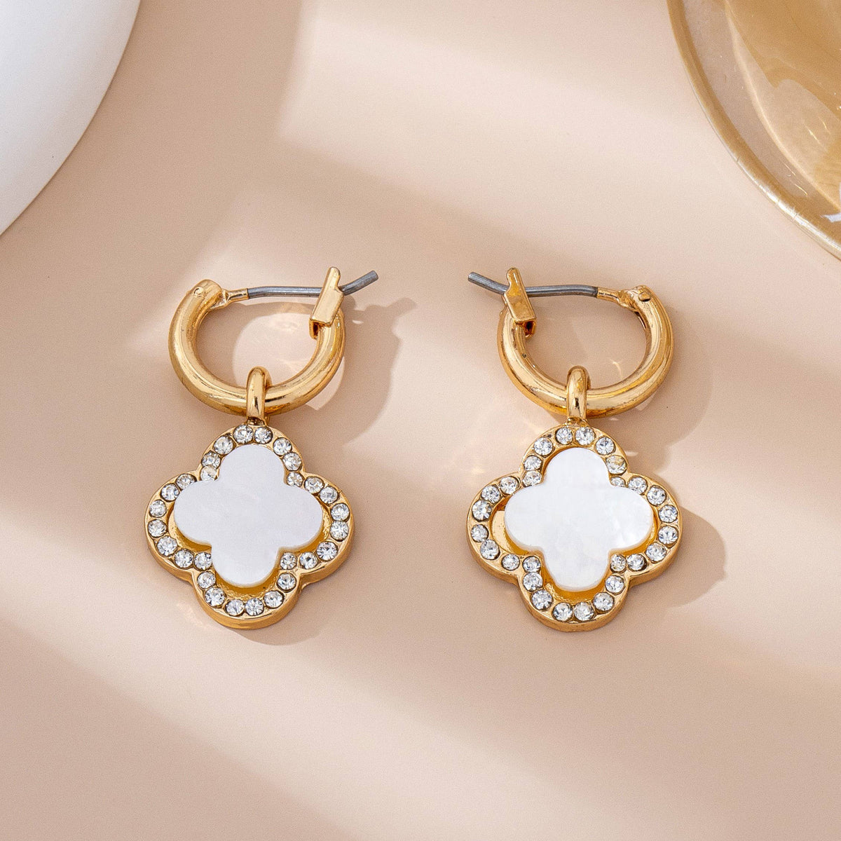 Rhinestone Clover Drop Hoop Earrings
