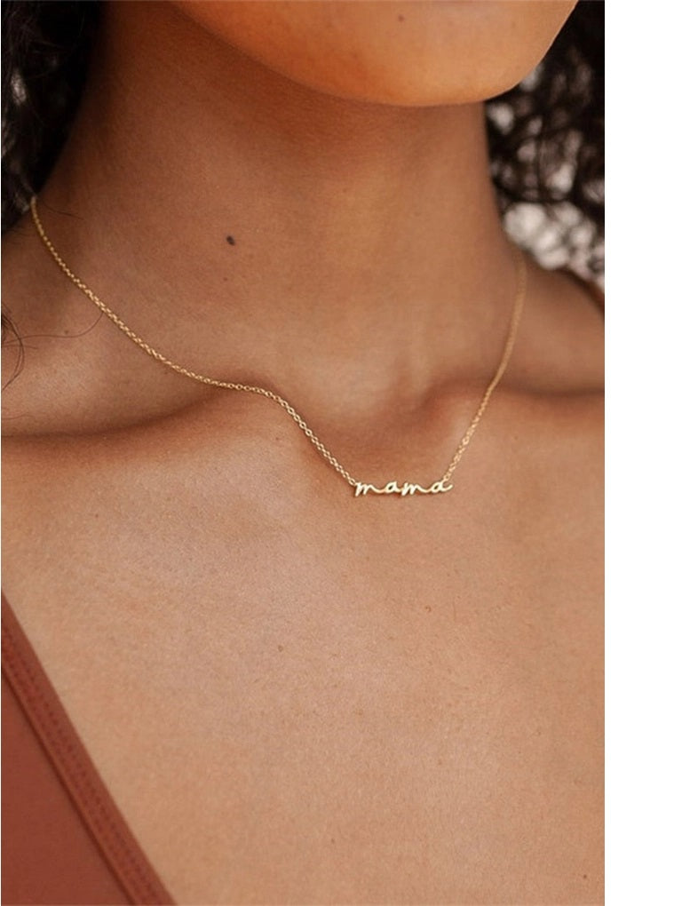 Gold Script Mama Necklace