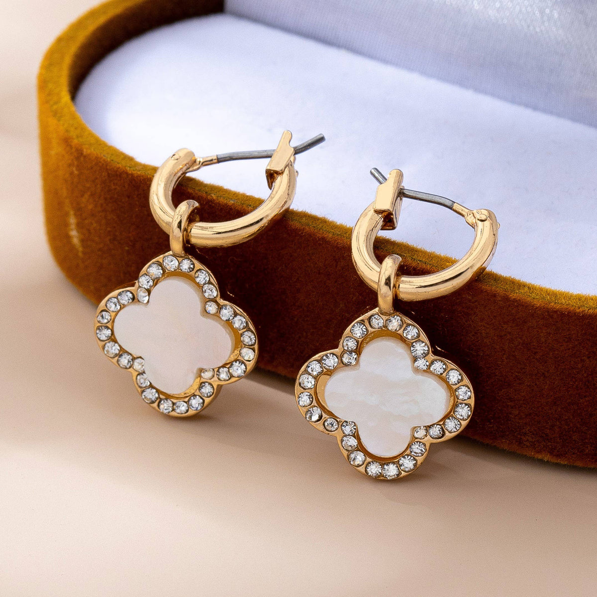 Rhinestone Clover Drop Hoop Earrings