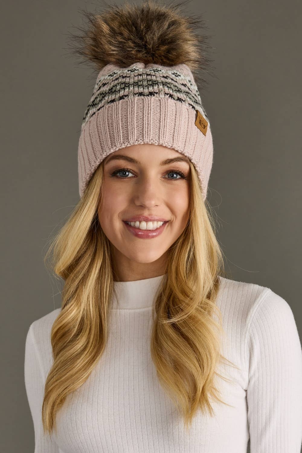 Blush, Sage, Black & White Patterned Pom Hat