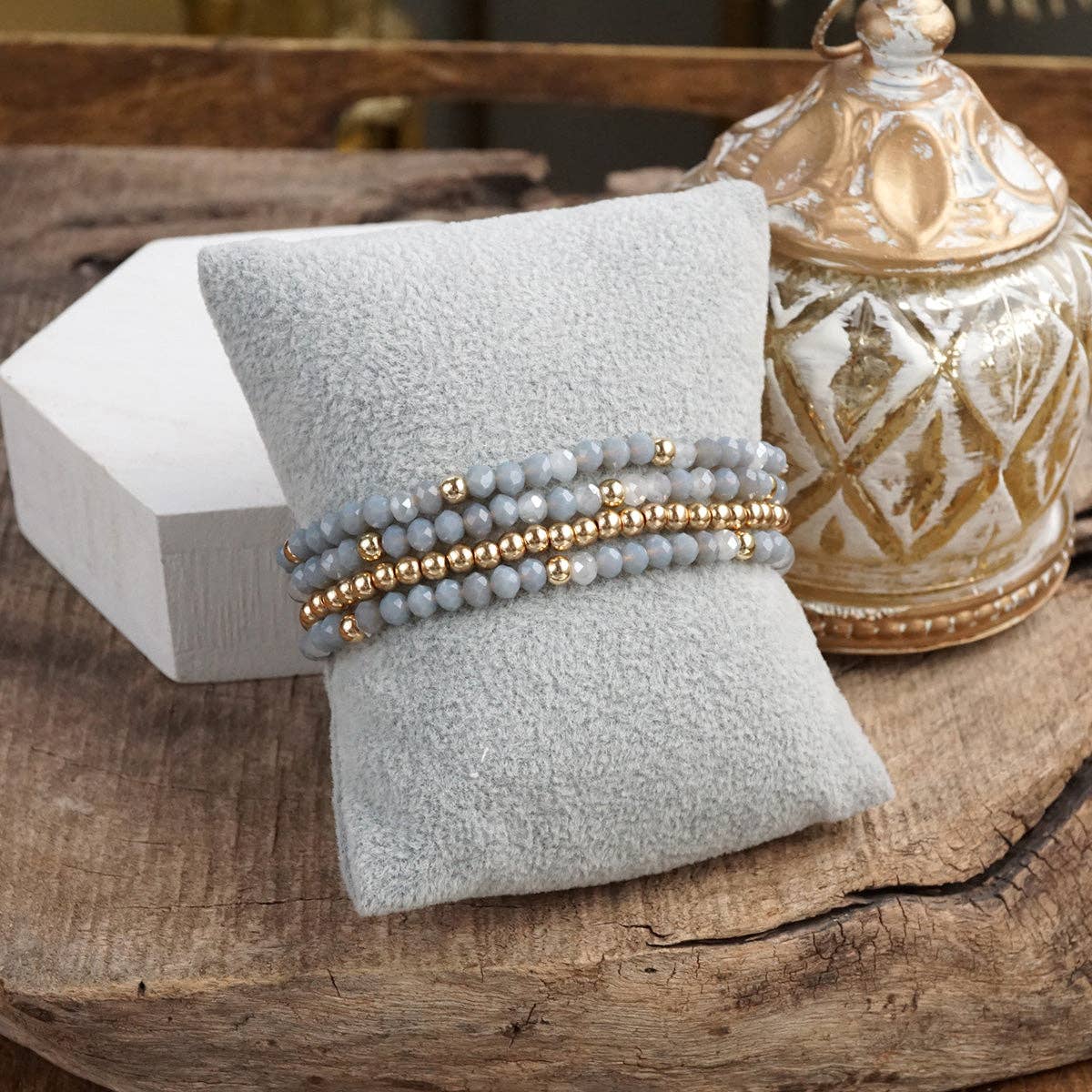 Beaded layering bracelet set of 4 Faceted Glass & Gold Bead - Glass Gleam