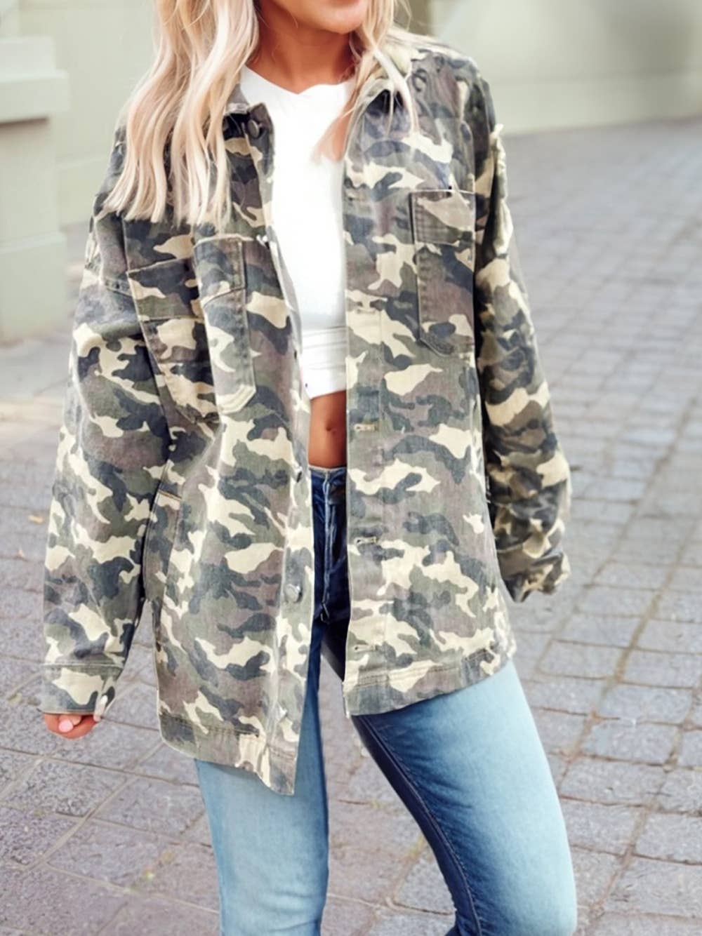 Camo Chest Pockets Loose Jean Jacket