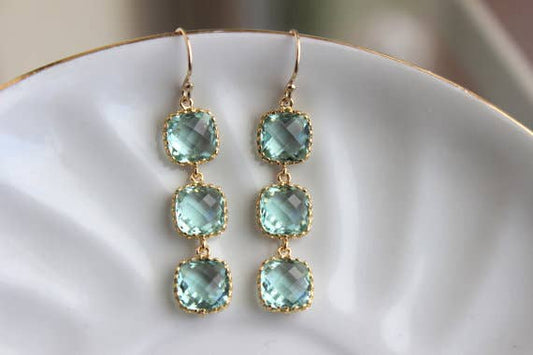 Gold Prasiolite Light Green Three Tier Earrings