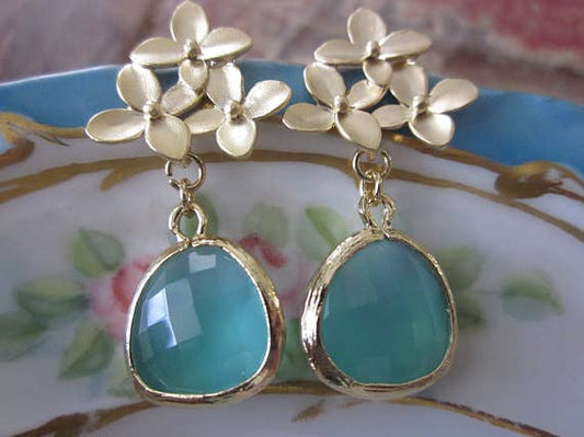 Aqua Blue Earrings Gold Cherry