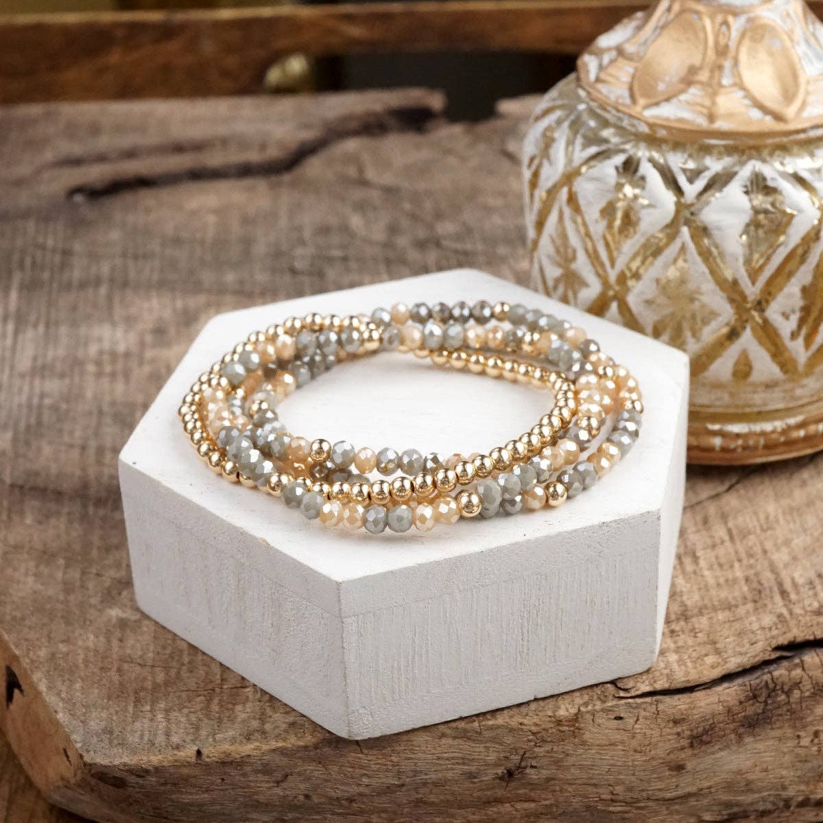 Beaded layering bracelet set of 4 Faceted Glass & Gold Bead - Glass Gleam