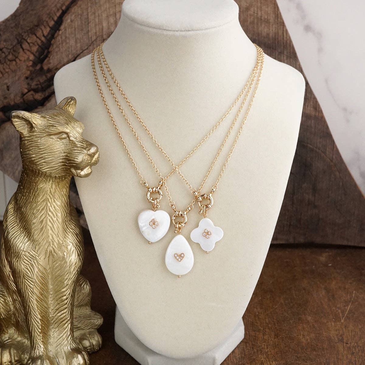 Mother of Pearl Charm Necklace - Heart Clover Teardrop - Gold Tone – Shell Glow