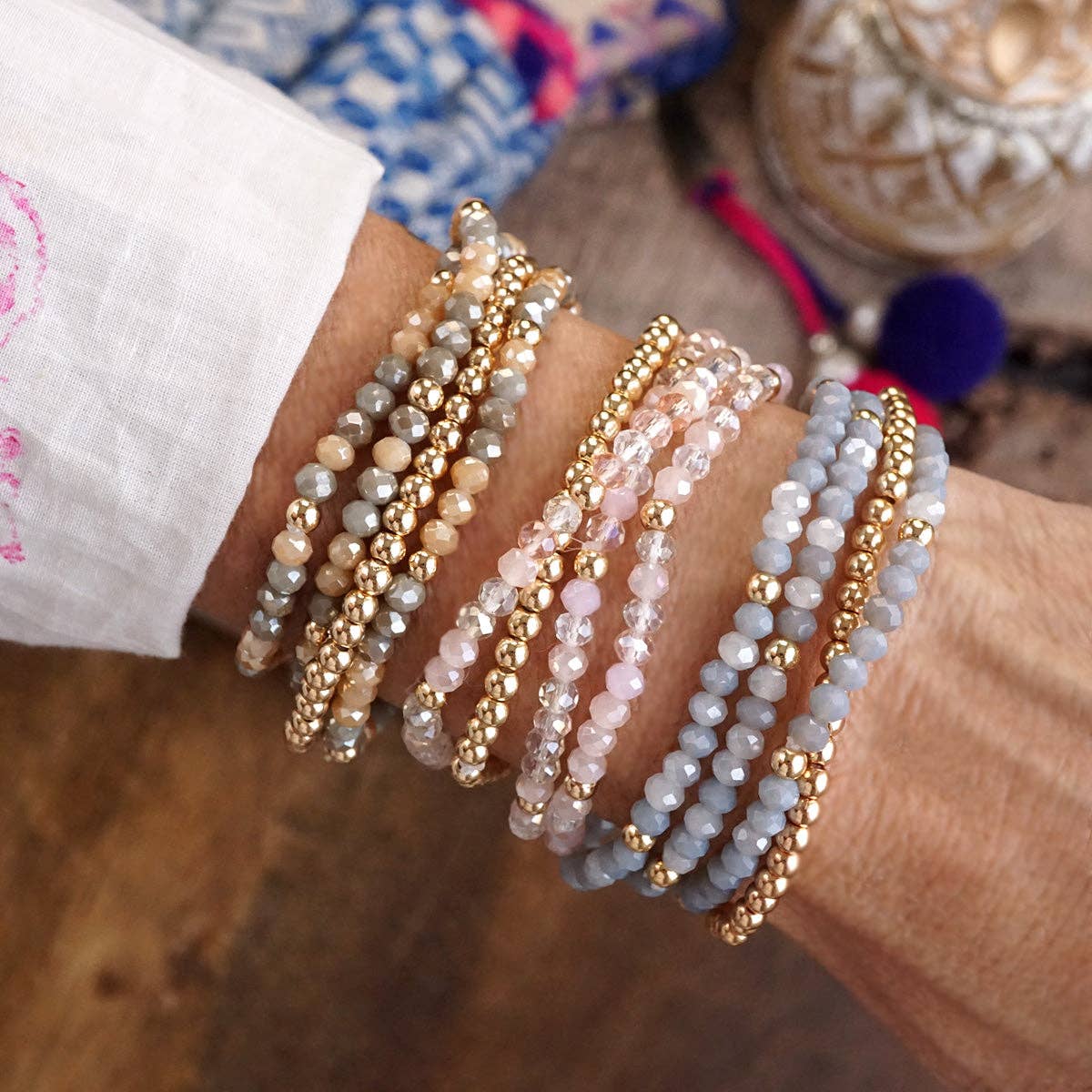 Beaded layering bracelet set of 4 Faceted Glass & Gold Bead - Glass Gleam