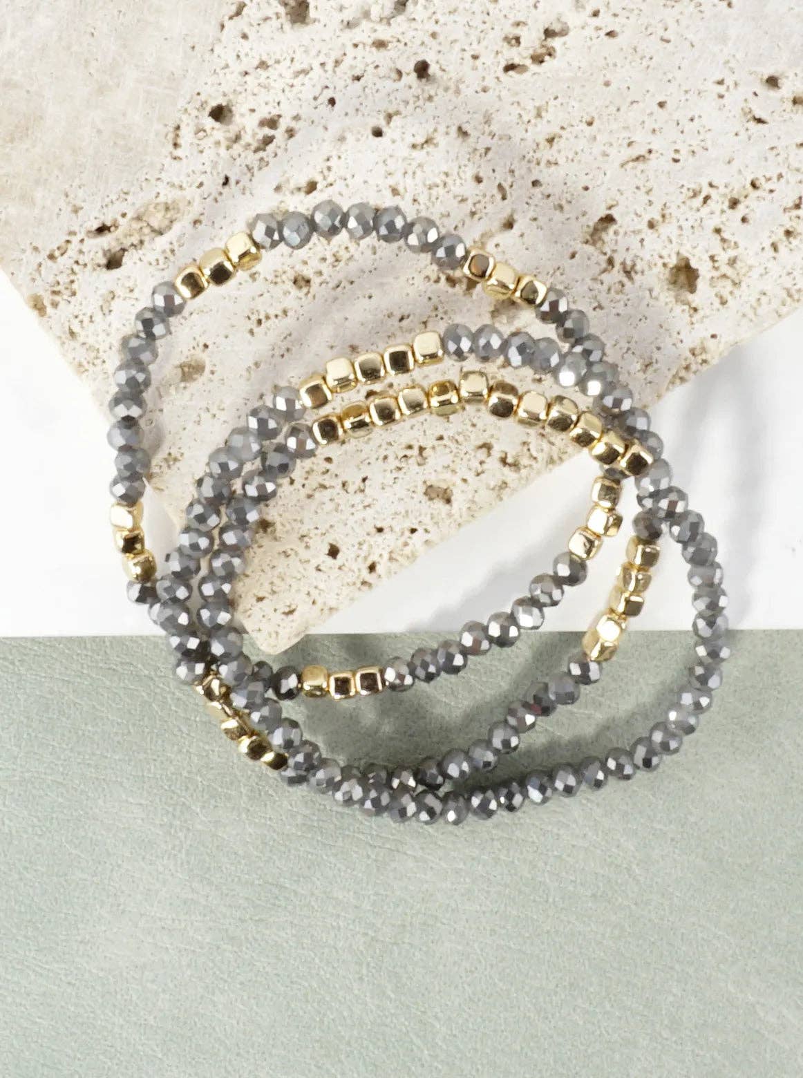 3PC-Set Square Metallic Glass Beads Bracelets