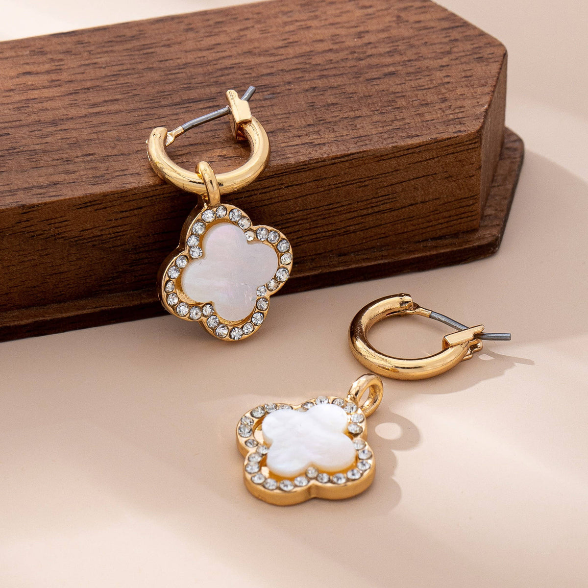 Rhinestone Clover Drop Hoop Earrings