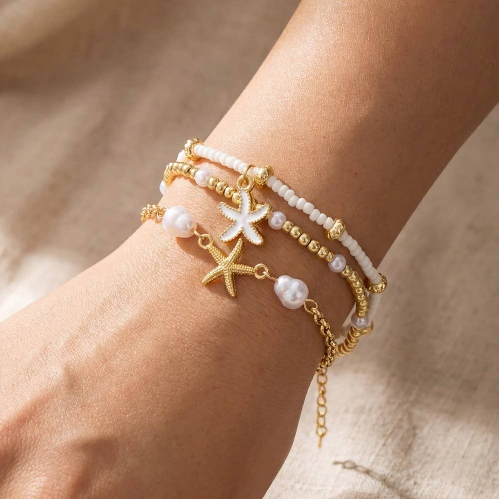 Pearl And Starfish Beaded Bracelet Set