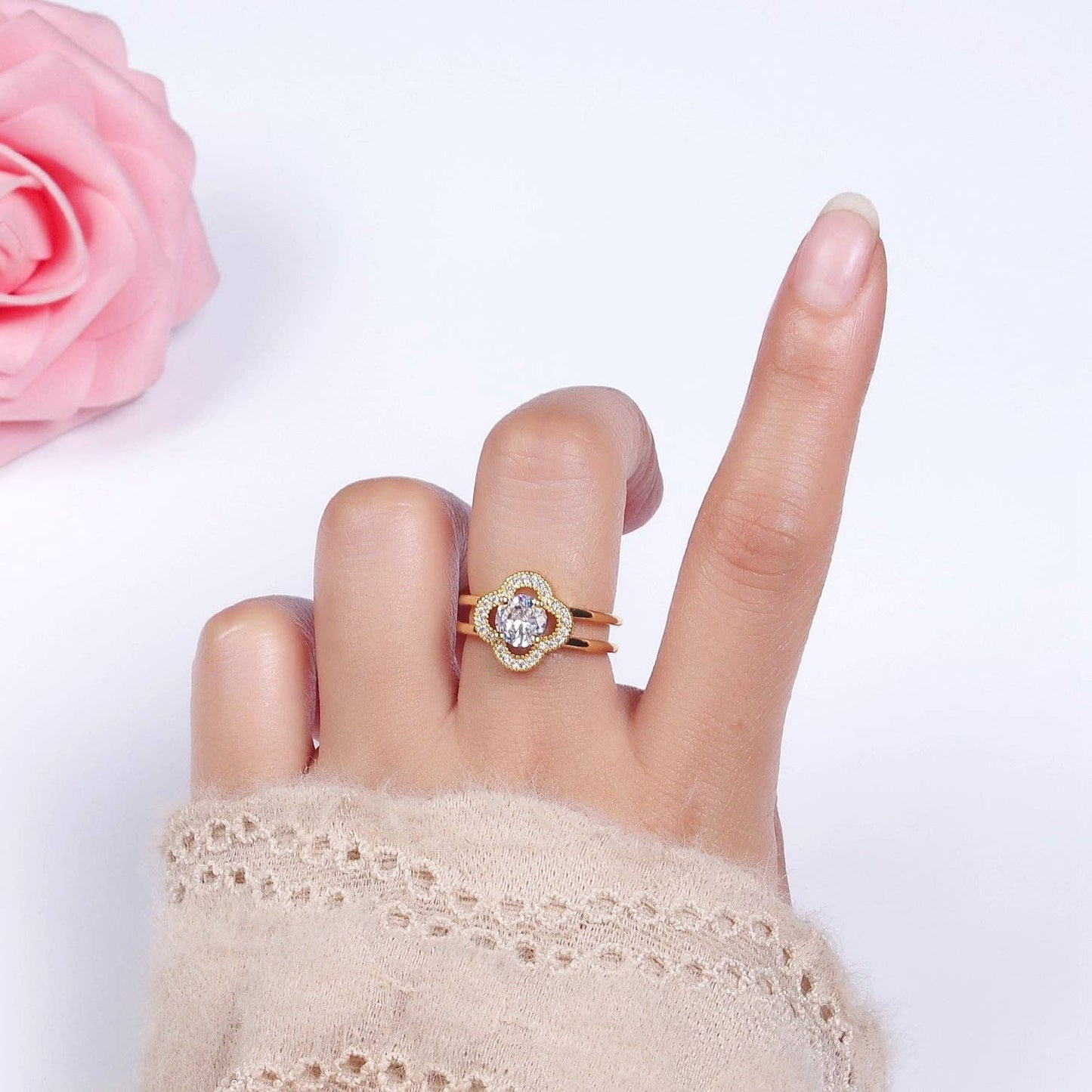 14K Gold Filled Quatrefoil Clover Double Band Ring