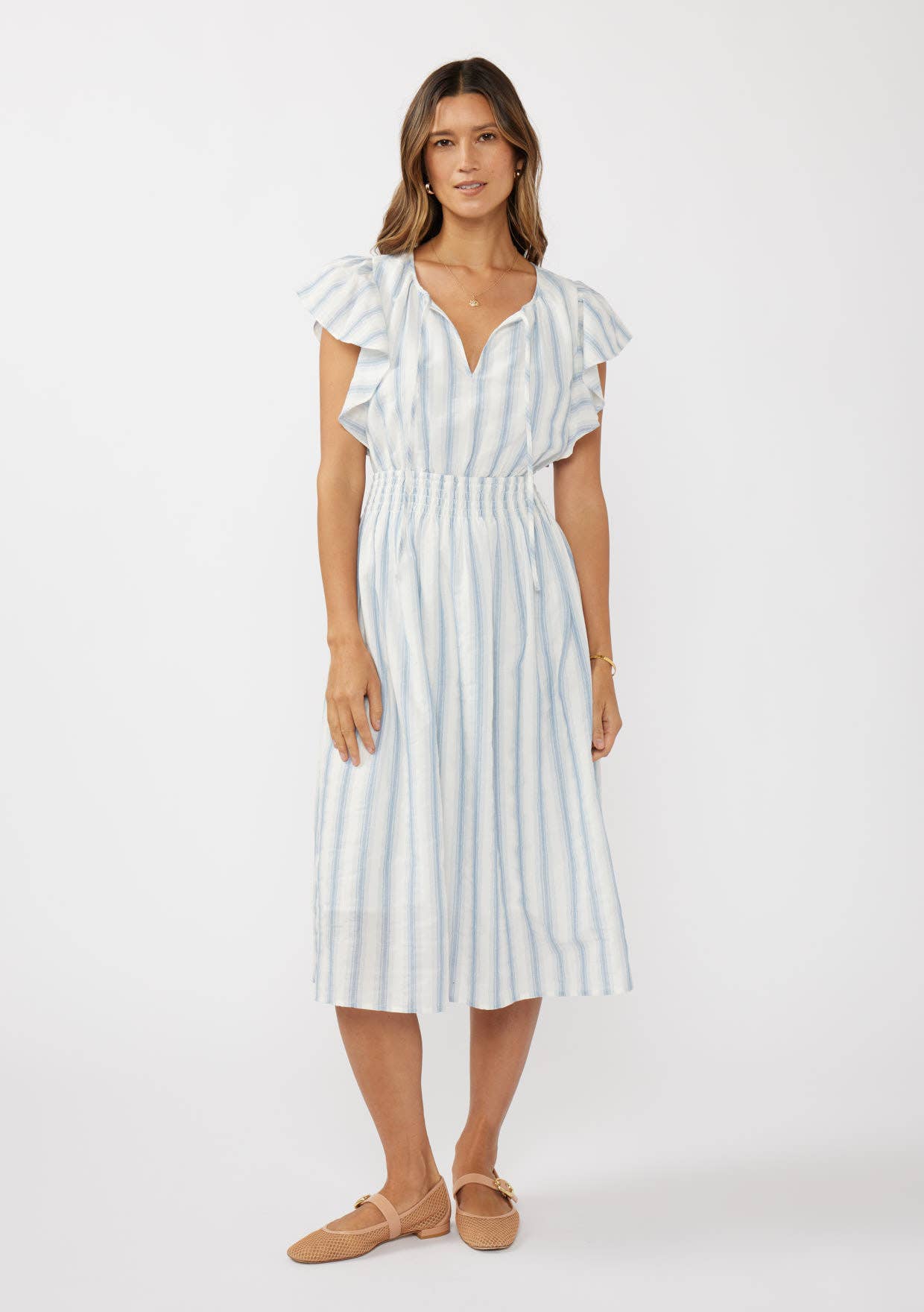 Ruffle Sleeve Split-Neck Smocked Waist Midi Dress