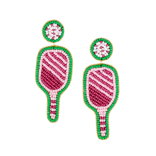 Pickleball Paddle Beaded Earrings   Pink/Green   2.5"