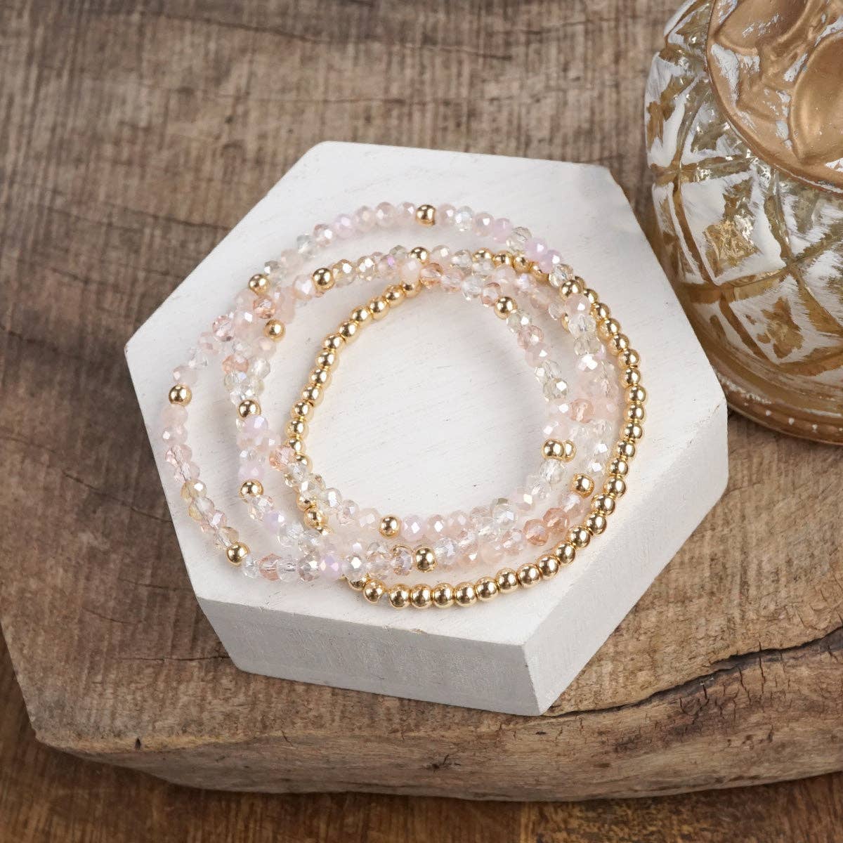 Beaded layering bracelet set of 4 Faceted Glass & Gold Bead - Glass Gleam