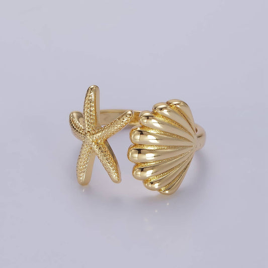 The Ariel Gold Clam Shell Star Fish Beach Adjustable Ring