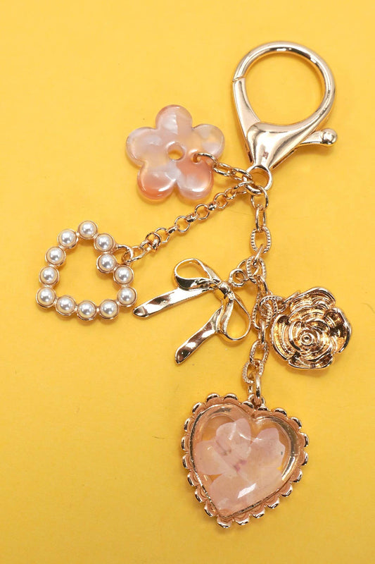 BAG CHARM- PRESSED FLOWER BOW PEARL HEART