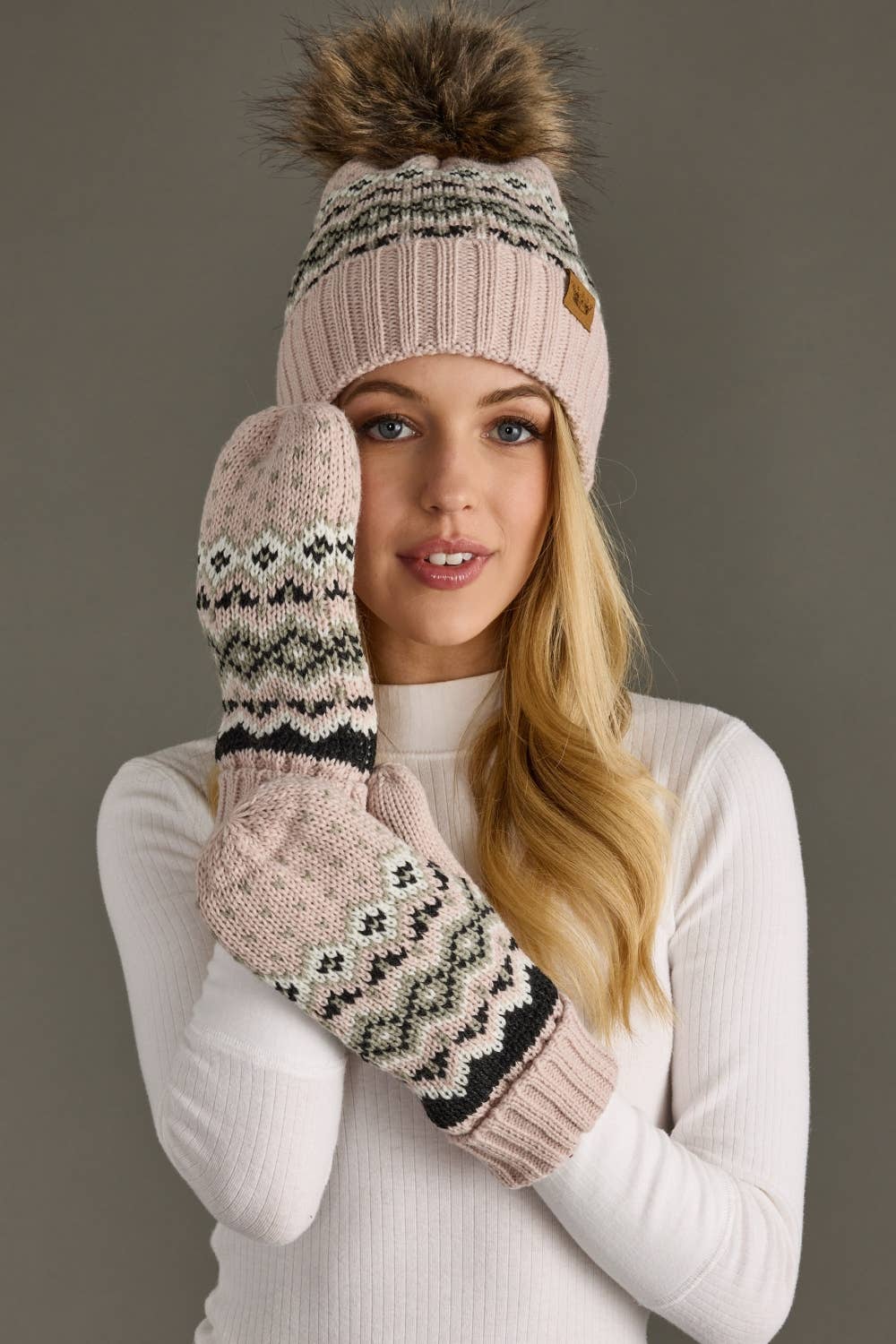 Blush, Sage, Black & White Patterned Pom Hat