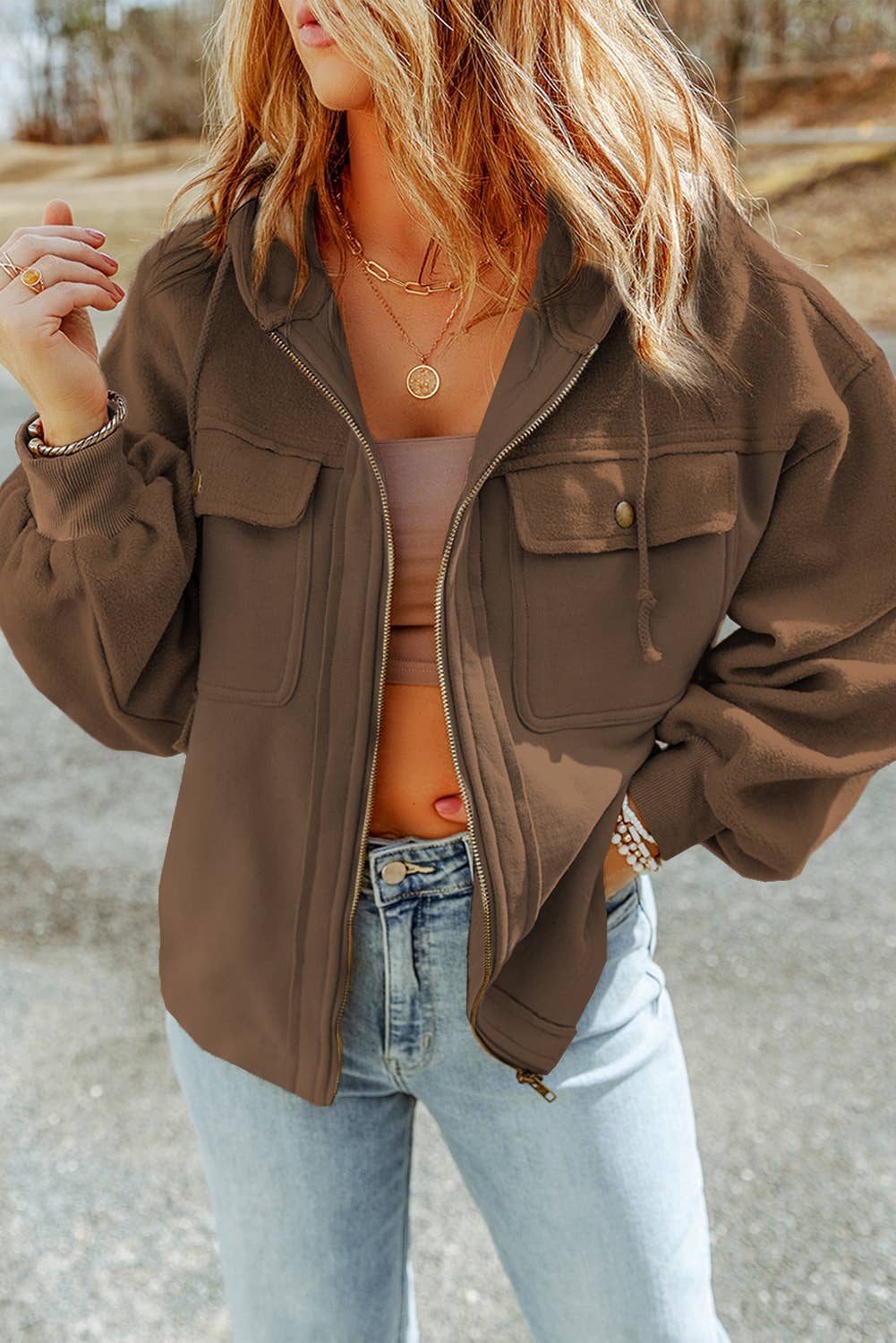 Pocket Drawstring Hood Zip Up Jacket - 4 Colors