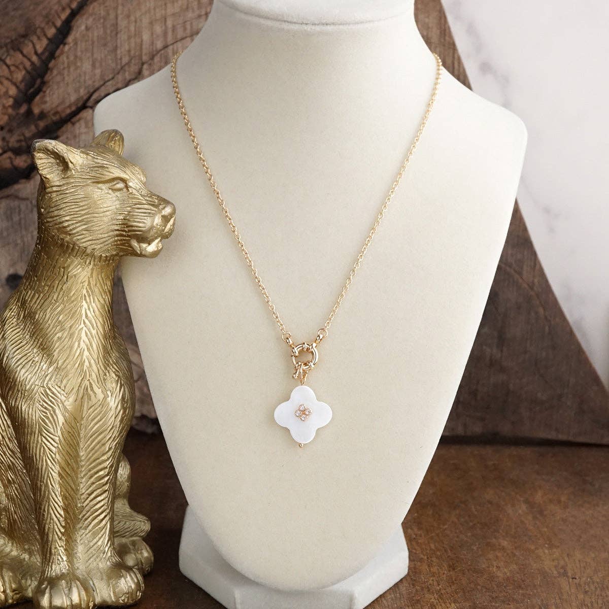 Mother of Pearl Charm Necklace - Heart Clover Teardrop - Gold Tone – Shell Glow