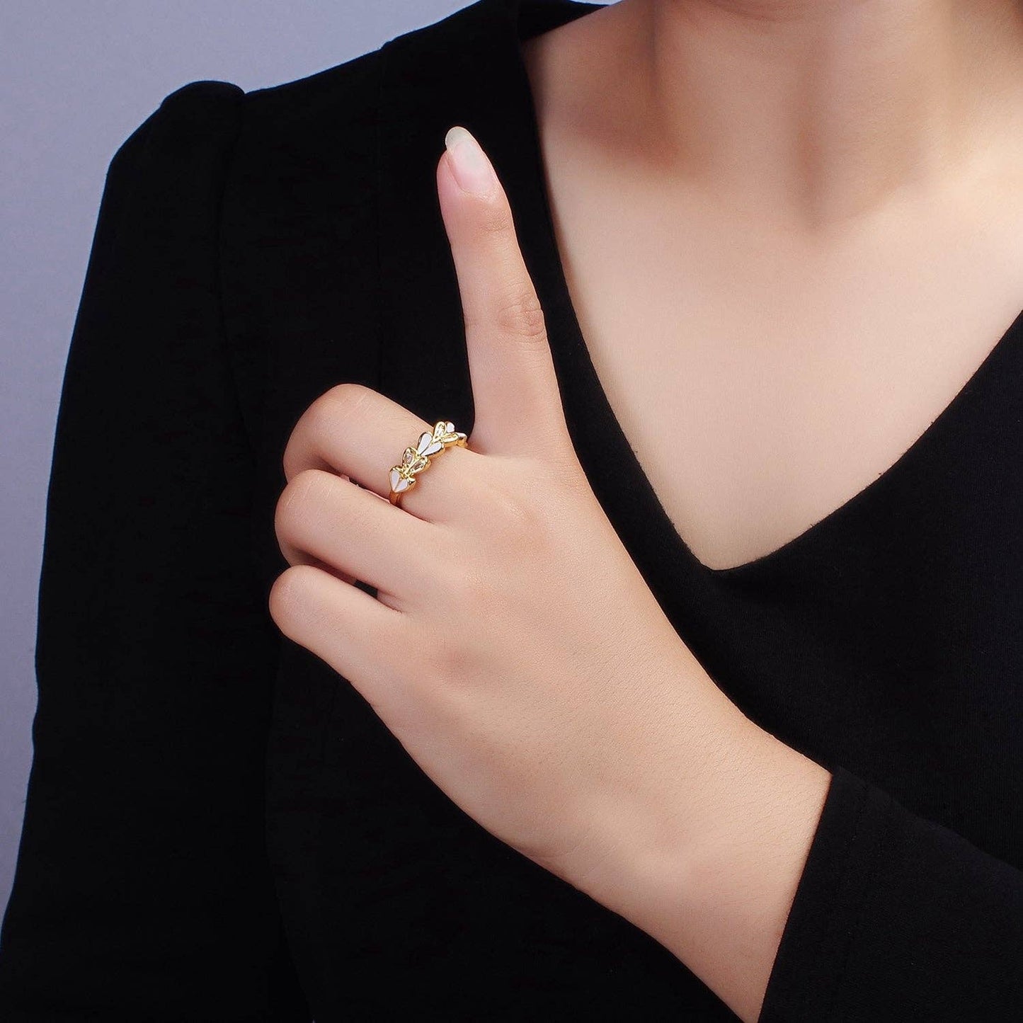 14K Gold Filled White Enamel Heart Lined Ring