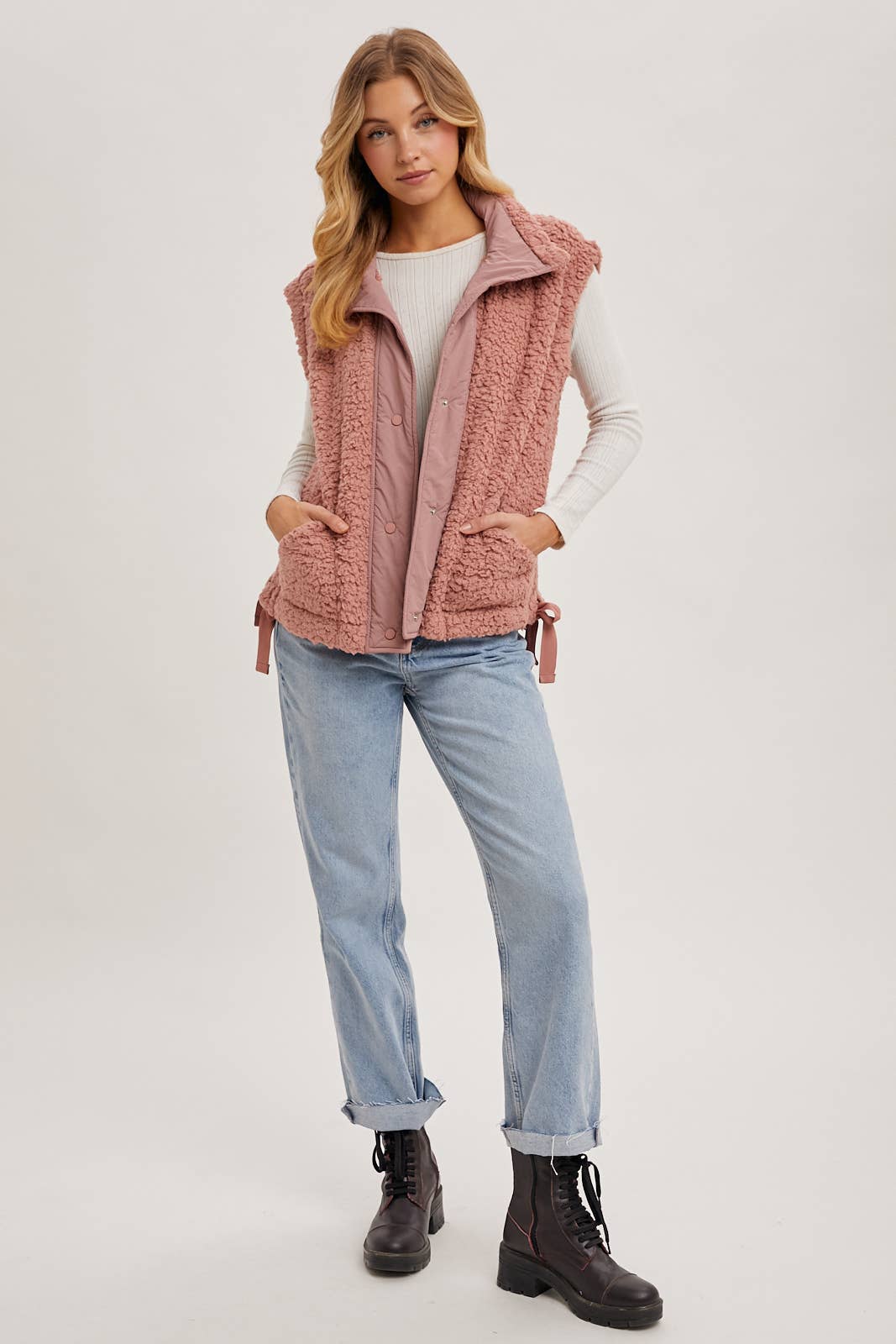 BUTTON DOWN MOCK NECK FLEECE SHERPA VEST: ROSE