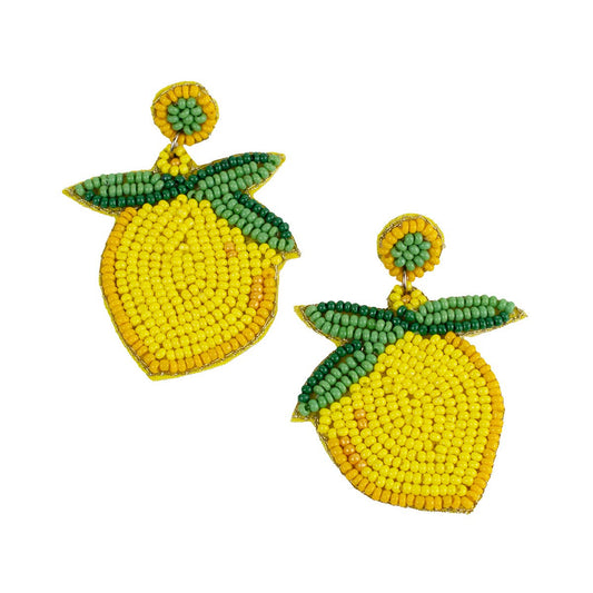 Lemon Beaded Earrings   Yellow/Green   2"