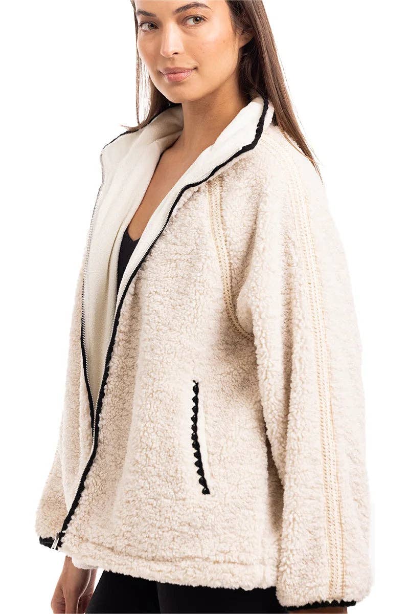 Cream Sherpa Lace Trim Women's Jacket
