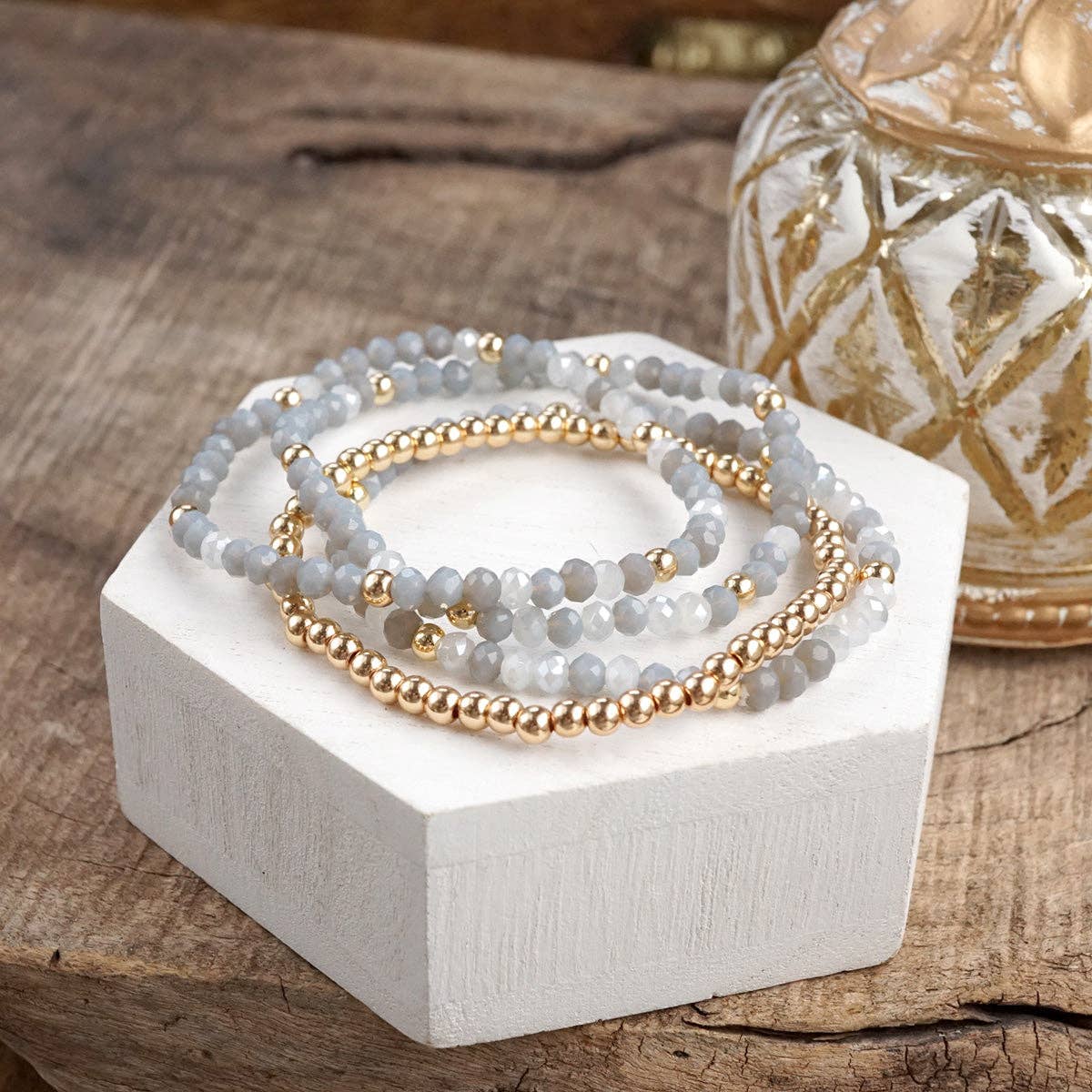 Beaded layering bracelet set of 4 Faceted Glass & Gold Bead - Glass Gleam