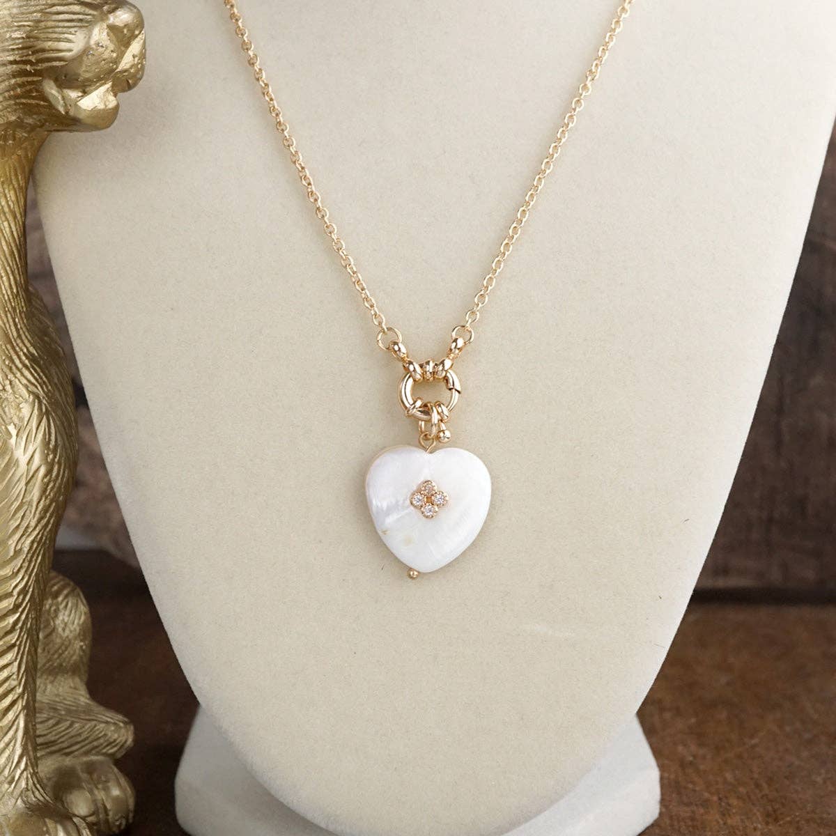Mother of Pearl Charm Necklace - Heart Clover Teardrop - Gold Tone – Shell Glow