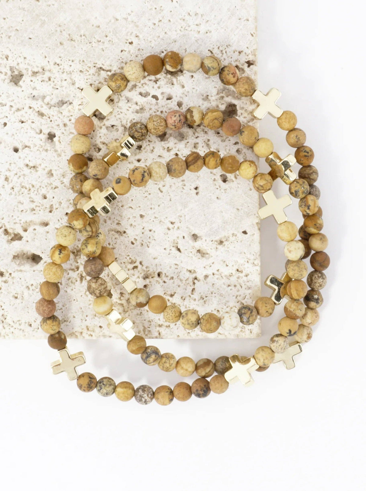 3PC-Set Genuine Stone Cross Stretch Bracelets