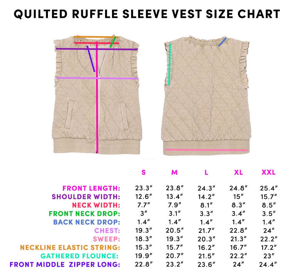 Garment Washed Quilted Ruffle Sleeve Vests