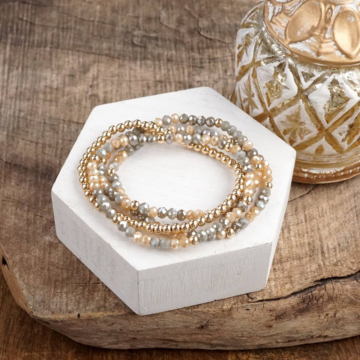 Beaded layering bracelet set of 4 Faceted Glass & Gold Bead - Glass Gleam