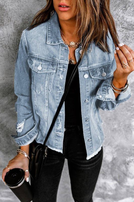 Distressed Raw Hem Denim Jacket