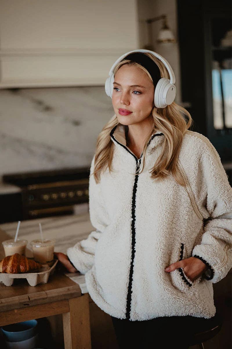 Cream Sherpa Lace Trim Women's Jacket