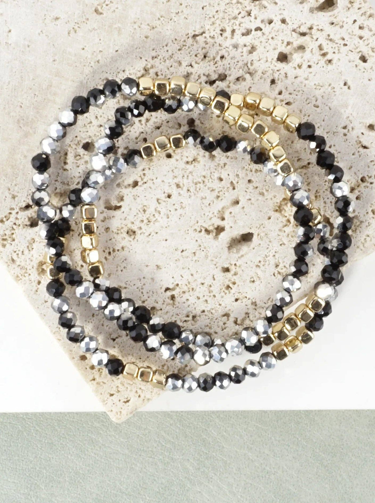3PC-Set Square Metallic Glass Beads Bracelets