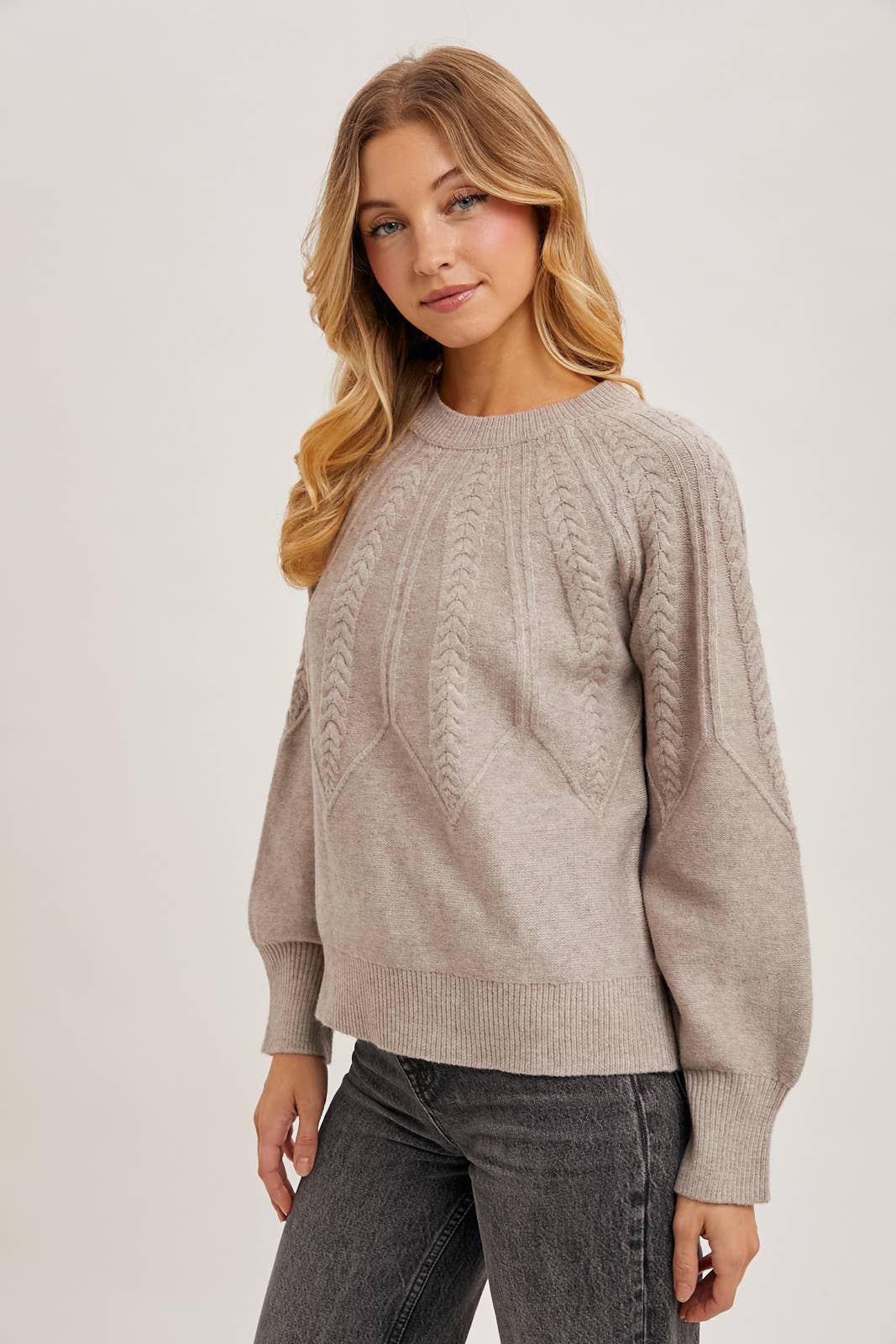 CREW NECK CABLE KNIT SWEATER