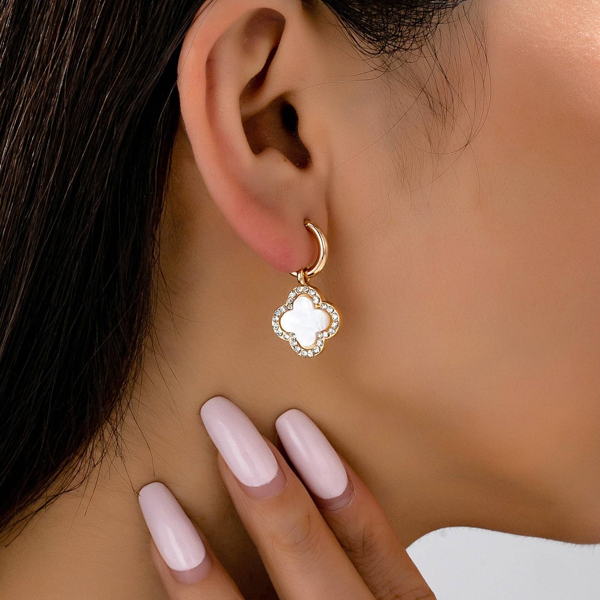 Rhinestone Clover Drop Hoop Earrings