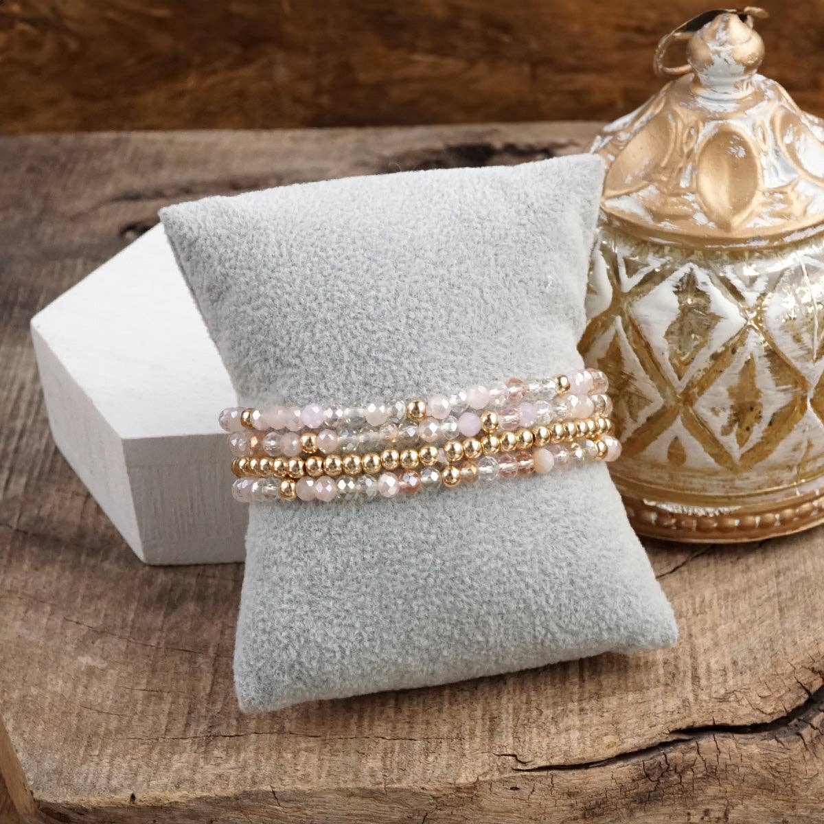 Beaded layering bracelet set of 4 Faceted Glass & Gold Bead - Glass Gleam