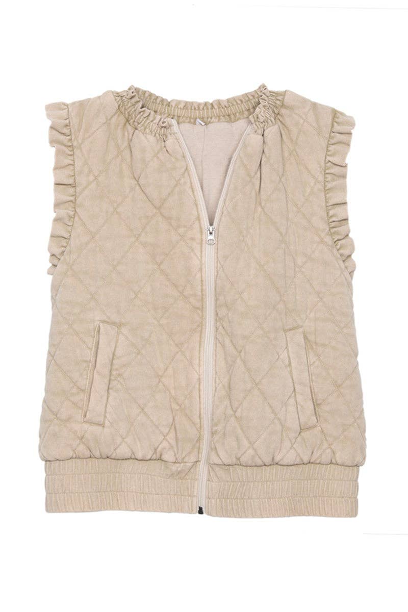 Garment Washed Quilted Ruffle Sleeve Vests