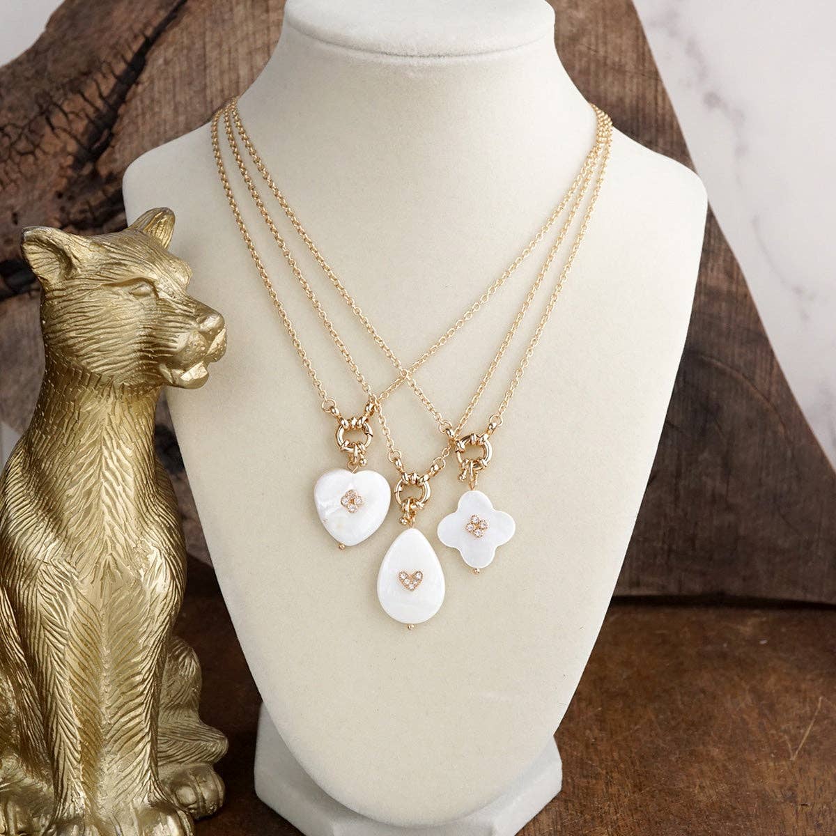 Mother of Pearl Charm Necklace - Heart Clover Teardrop - Gold Tone – Shell Glow