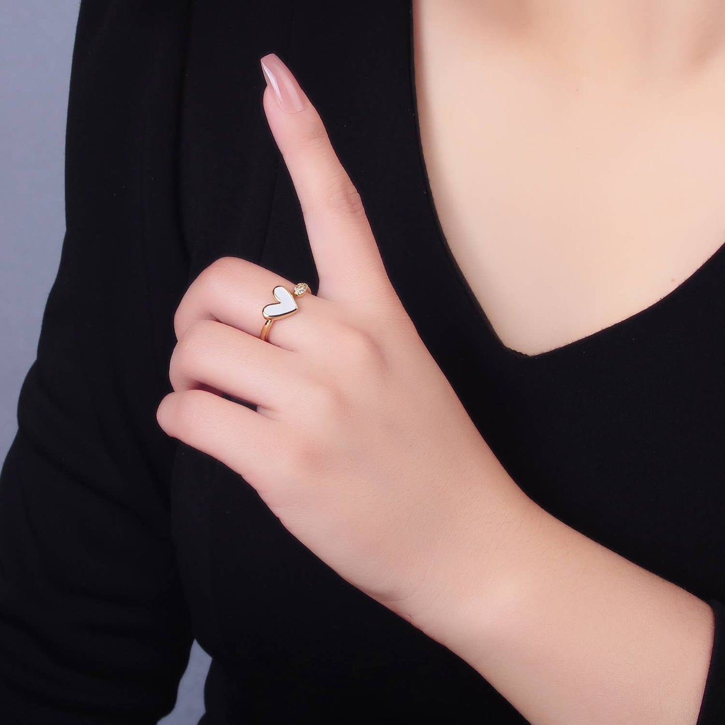 Dainty White Gold Heart Ring Adjustable Ring