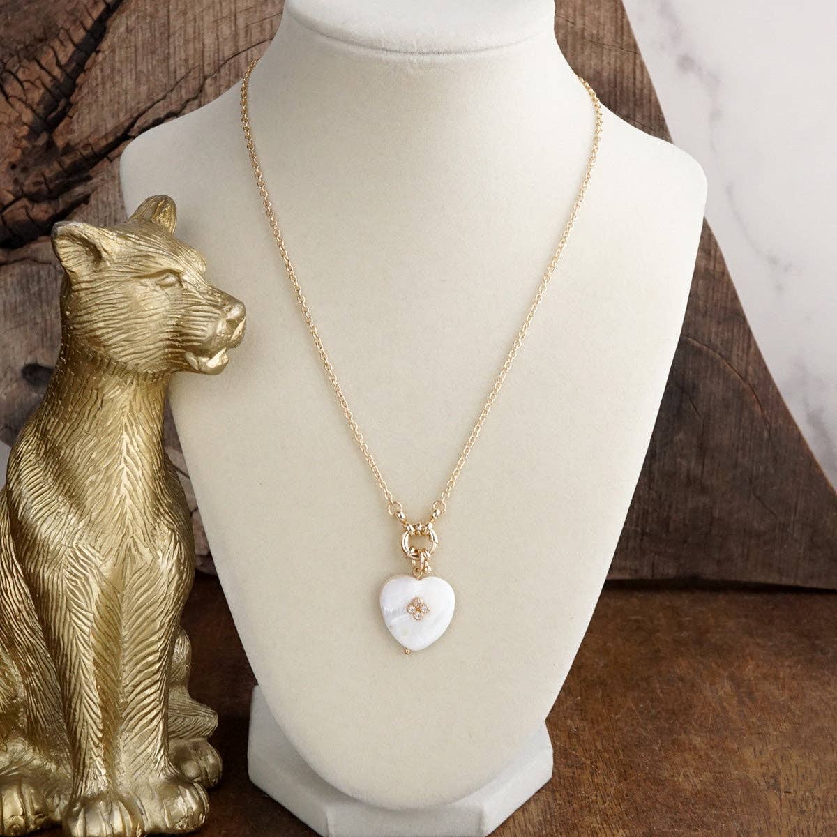 Mother of Pearl Charm Necklace - Heart Clover Teardrop - Gold Tone – Shell Glow