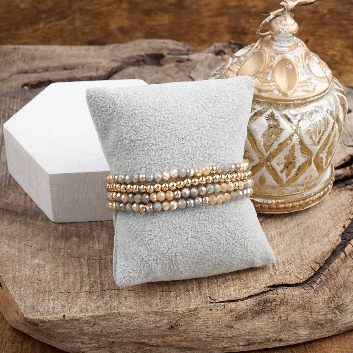 Beaded layering bracelet set of 4 Faceted Glass & Gold Bead - Glass Gleam